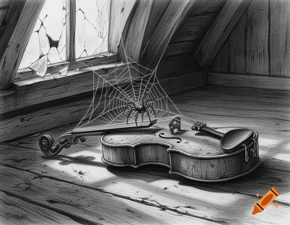 A black and white pencil drawing shows an old, dusty violin with a spider and web in a dilapidated attic by a broken window.