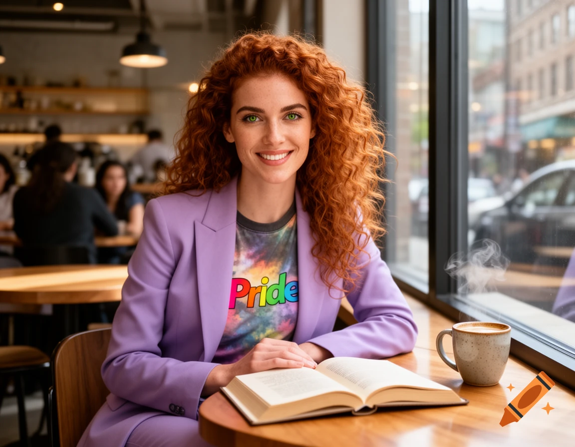 Smiling woman with red curly hair and green eyes, wearing a purple blazer and 'Pride' t-shirt, sits at a cafe table with an open book and coffee cup.