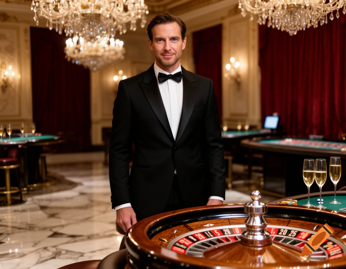 A man in a tuxedo stands confidently in a luxurious casino with a roulette wheel and champagne glasses.