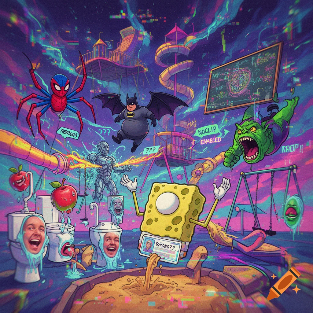 An unhinged, deep-fried, glitching playground scene with cartoon spider-man, fat batman, sponge creature, and screaming faces in toilets.
