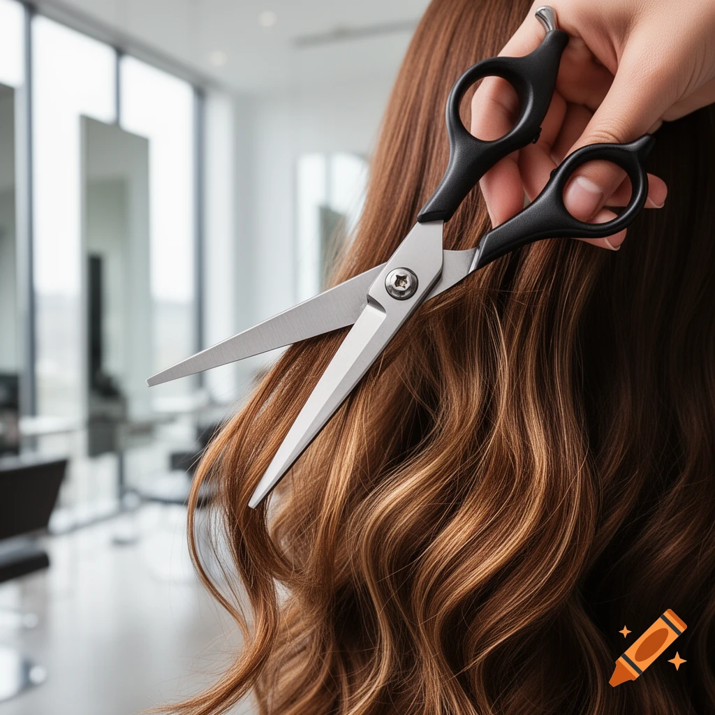 Close-up of a hand holding black and silver hair-cutting scissors above wavy brown hair in a salon, photorealistic.