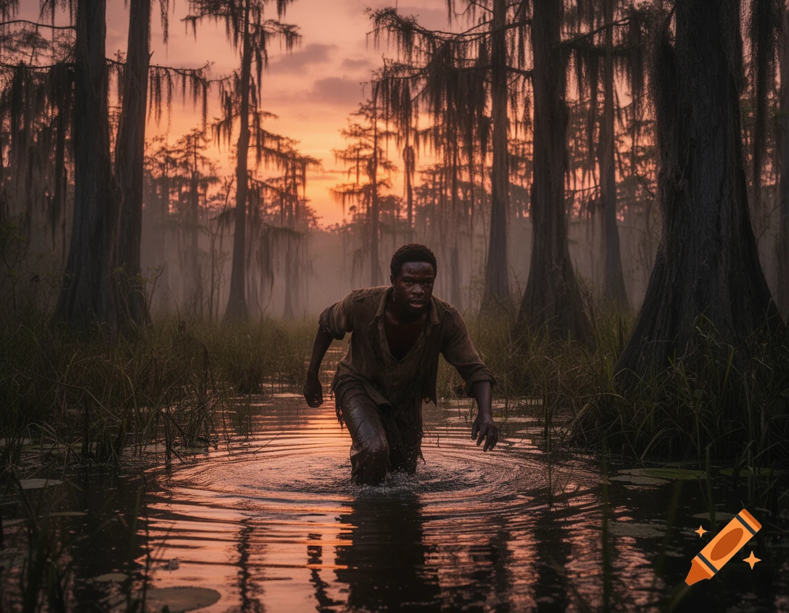 A man in torn clothes wades through a misty swamp at sundown, looking determined, with cypress trees in the background.