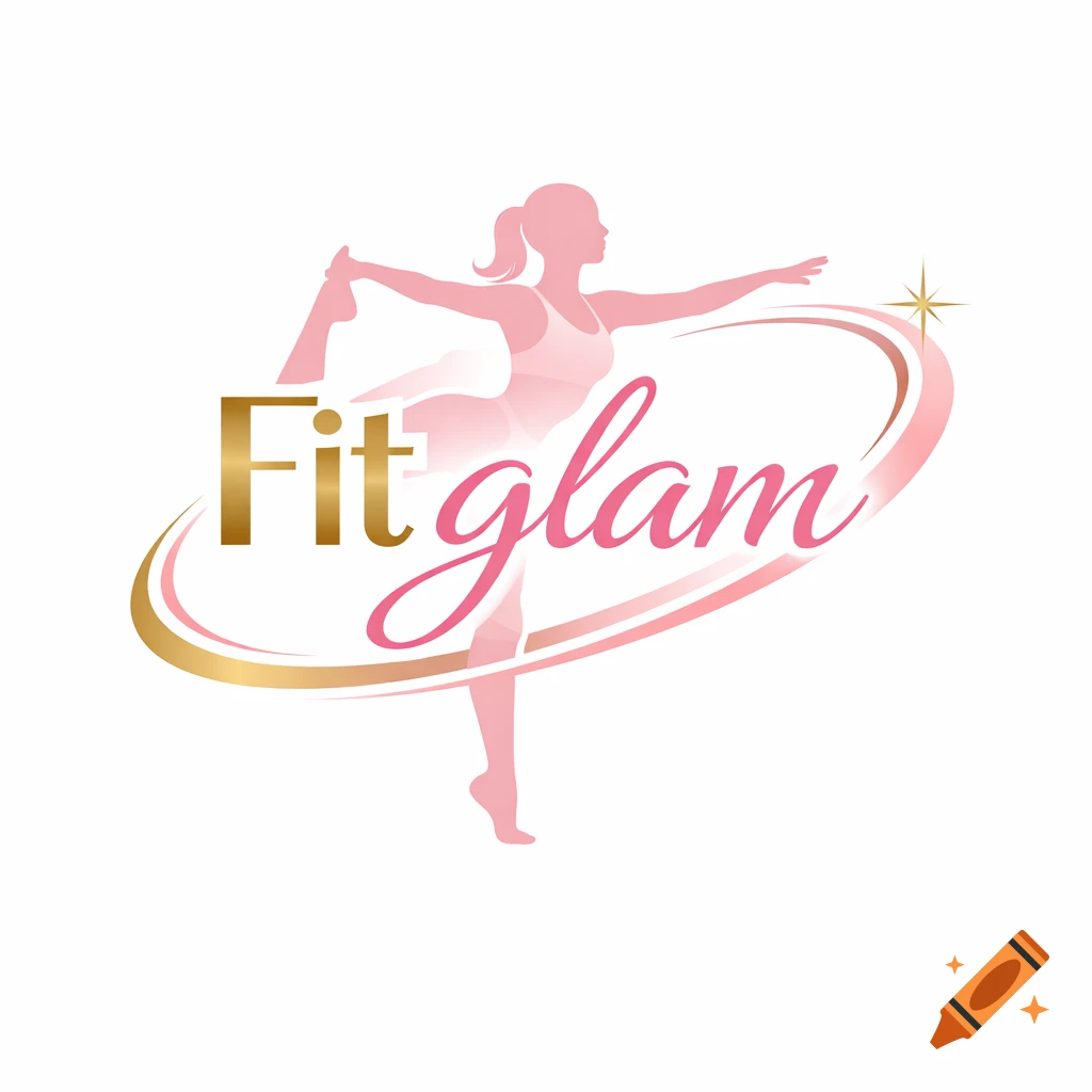 Pink and gold 'Fit glam' logo with a female silhouette in a yoga pose, encircled by swooshes and a star.