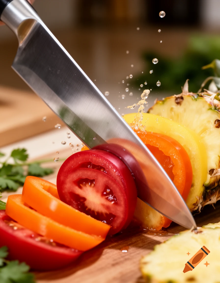 Photorealistic close-up of a knife slicing red tomatoes, orange bell peppers, and pineapple on a wooden cutting board, with water splashing.