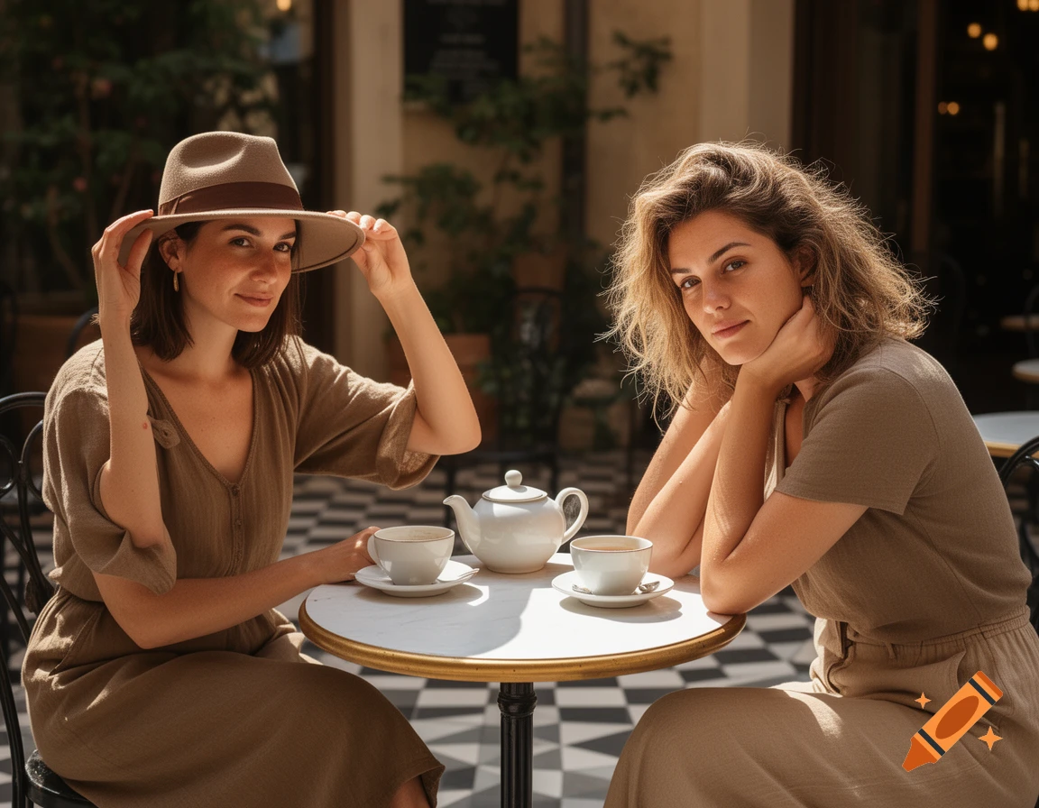 Two women at an outdoor cafe, one in a hat, enjoying tea. Photorealistic.