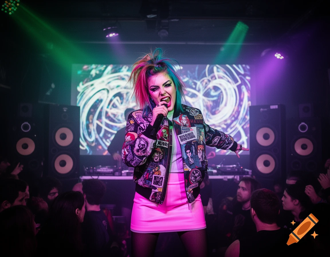 A punk rock singer with multi-colored hair performs on stage under vibrant green and purple lights, with a crowd in the foreground.