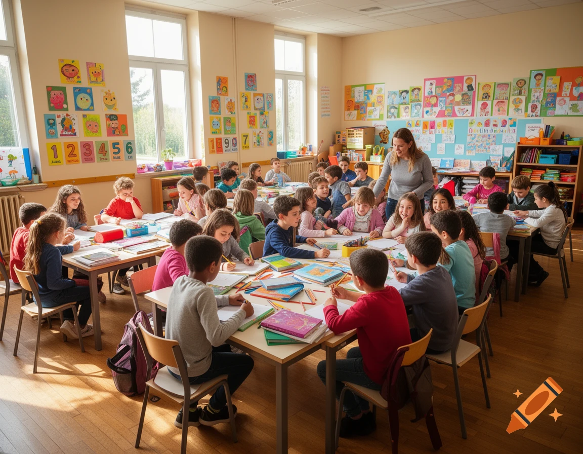 A diverse group of children engaged in group work in a brightly lit classroom, with a female teacher supervising them. Photorealistic style.