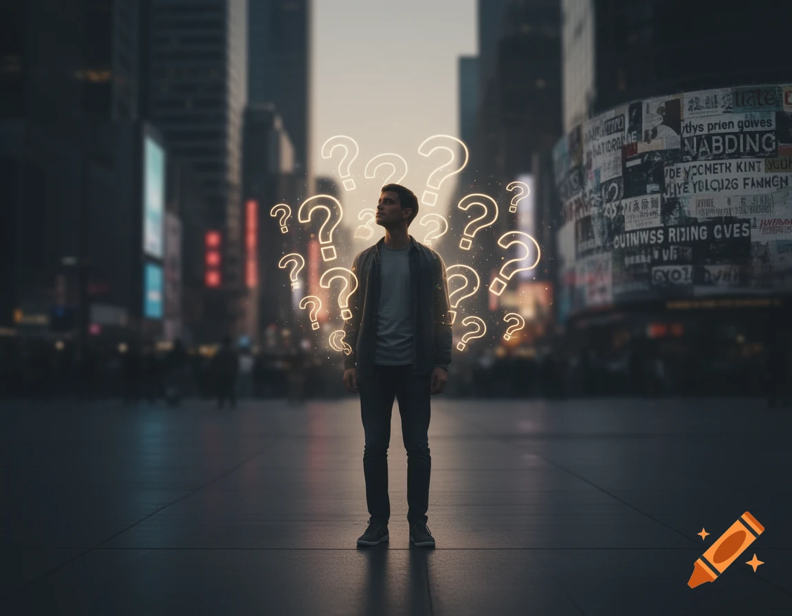 A man stands alone in the middle of a blurry city street, looking up at glowing question marks floating around his head.
