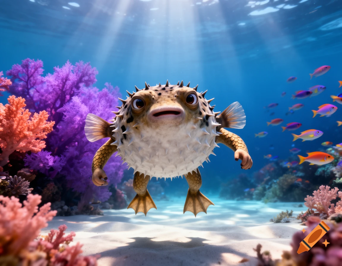 A cartoon pufferfish with human-like arms and legs stands on the sandy ocean floor amidst vibrant coral and swimming fish.