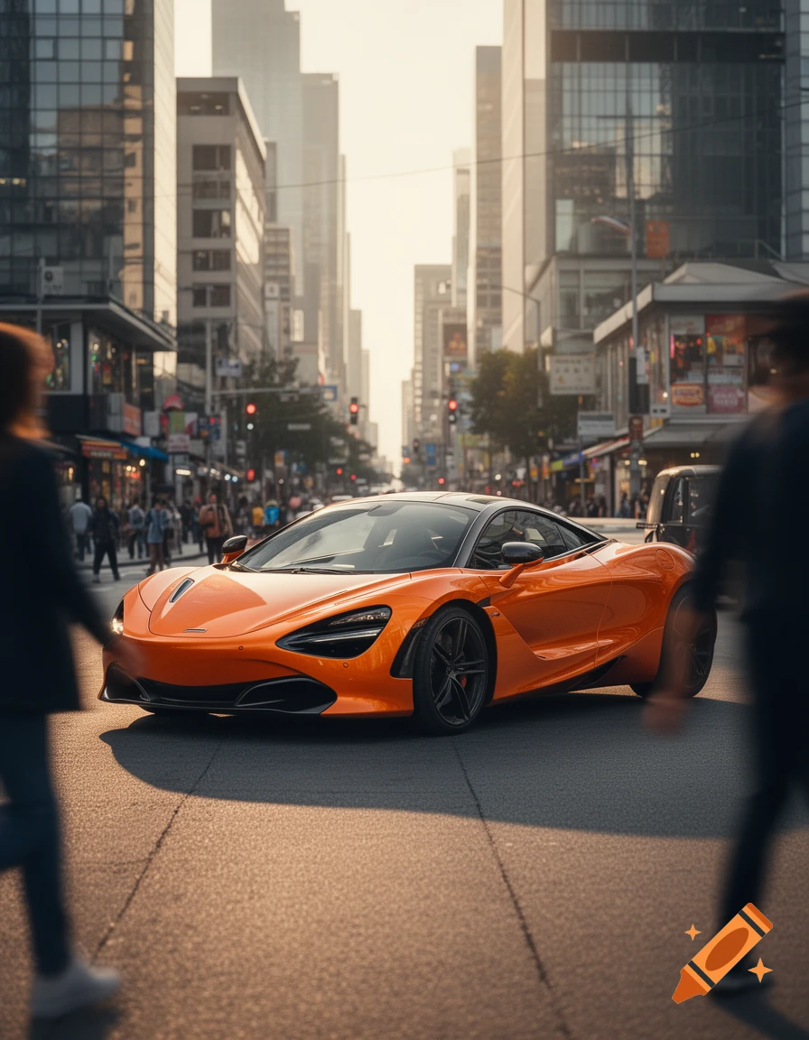 A vibrant orange sports car is parked on a busy city street during sunset, with blurred pedestrians and tall buildings.