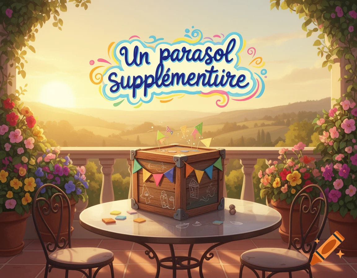 Sunny illustration of a terrace with flowers, a table, a decorated box, and text 'Un parasol supplémentaire' in the sky.
