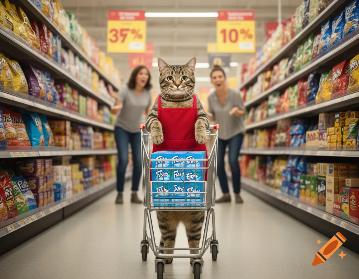 Photorealistic image of a tabby cat in a red apron pushing a shopping cart with cat food down a supermarket aisle.