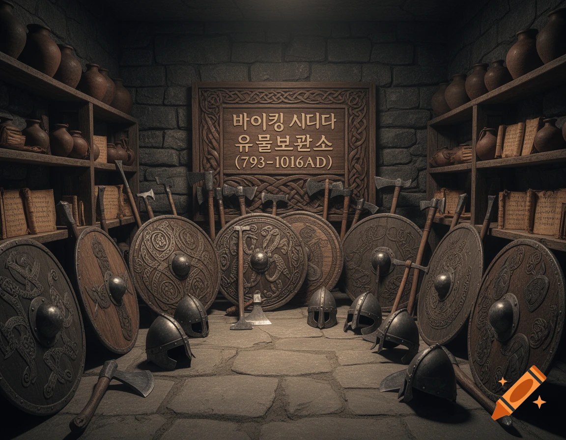 A dimly lit Viking artifact storage room with ornate shields, helmets, axes, pottery, and scrolls on shelves, beneath a wooden sign.