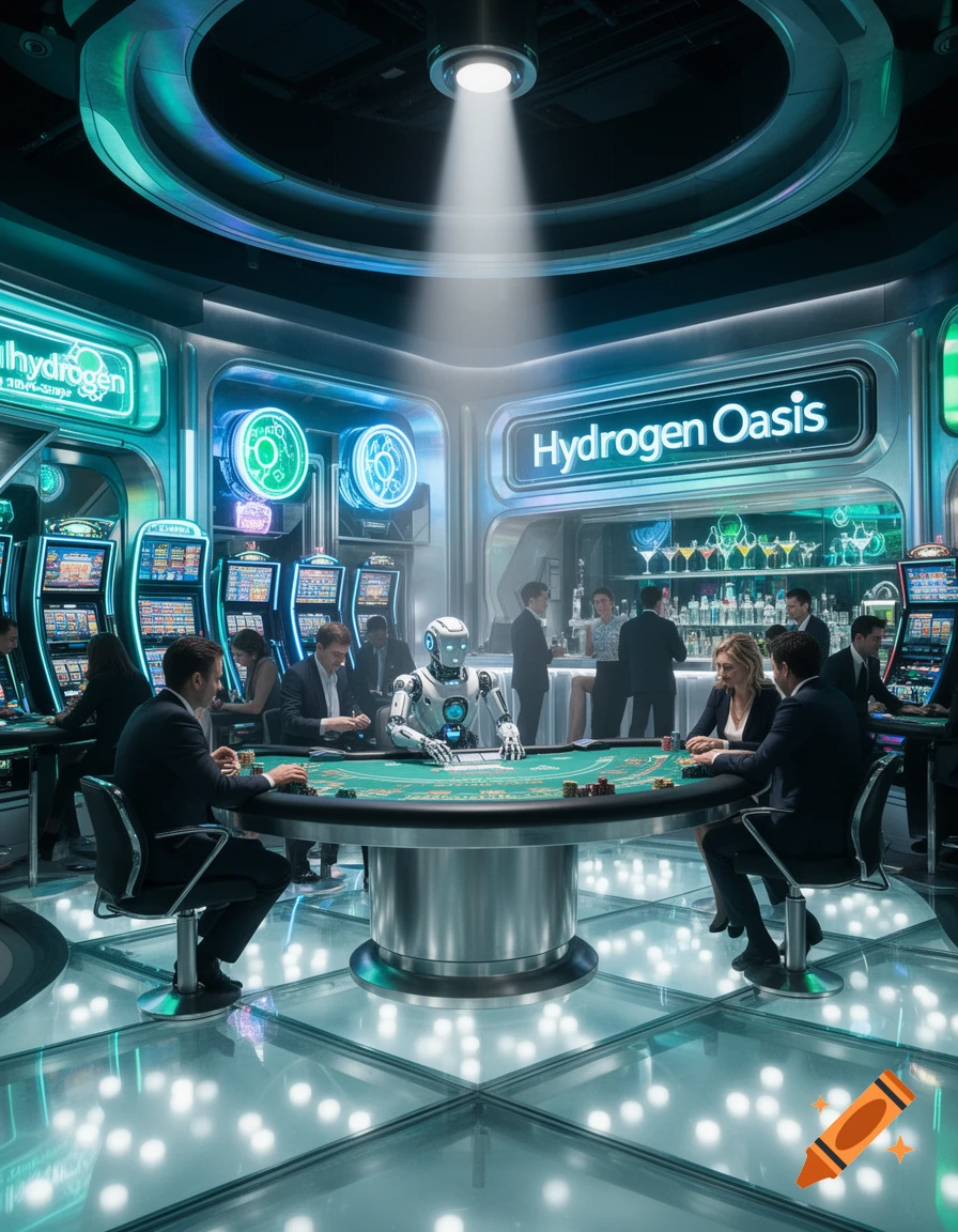 A robot and people gamble at card tables in a futuristic, neon-lit casino with slot machines and a bar.