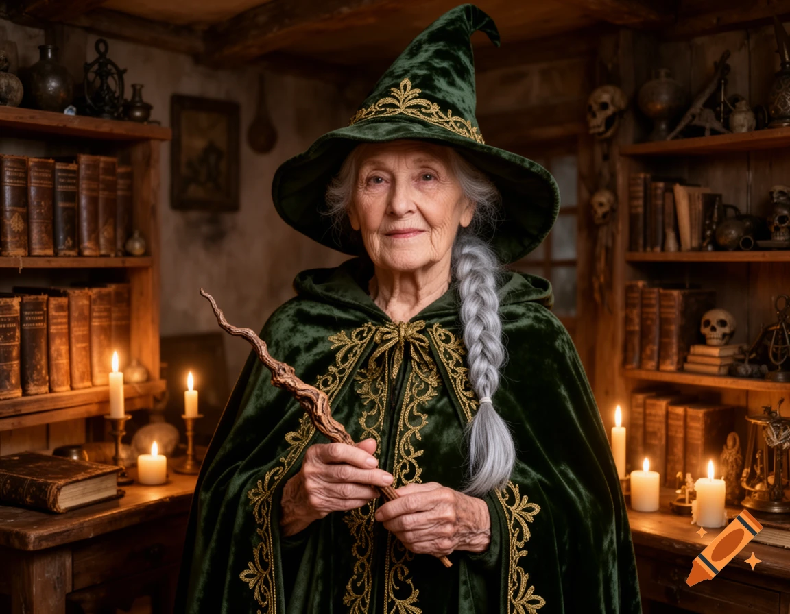 An elderly witch with a braided gray ponytail and green velvet robe, holding a gnarled wand in a candlelit, antique study.