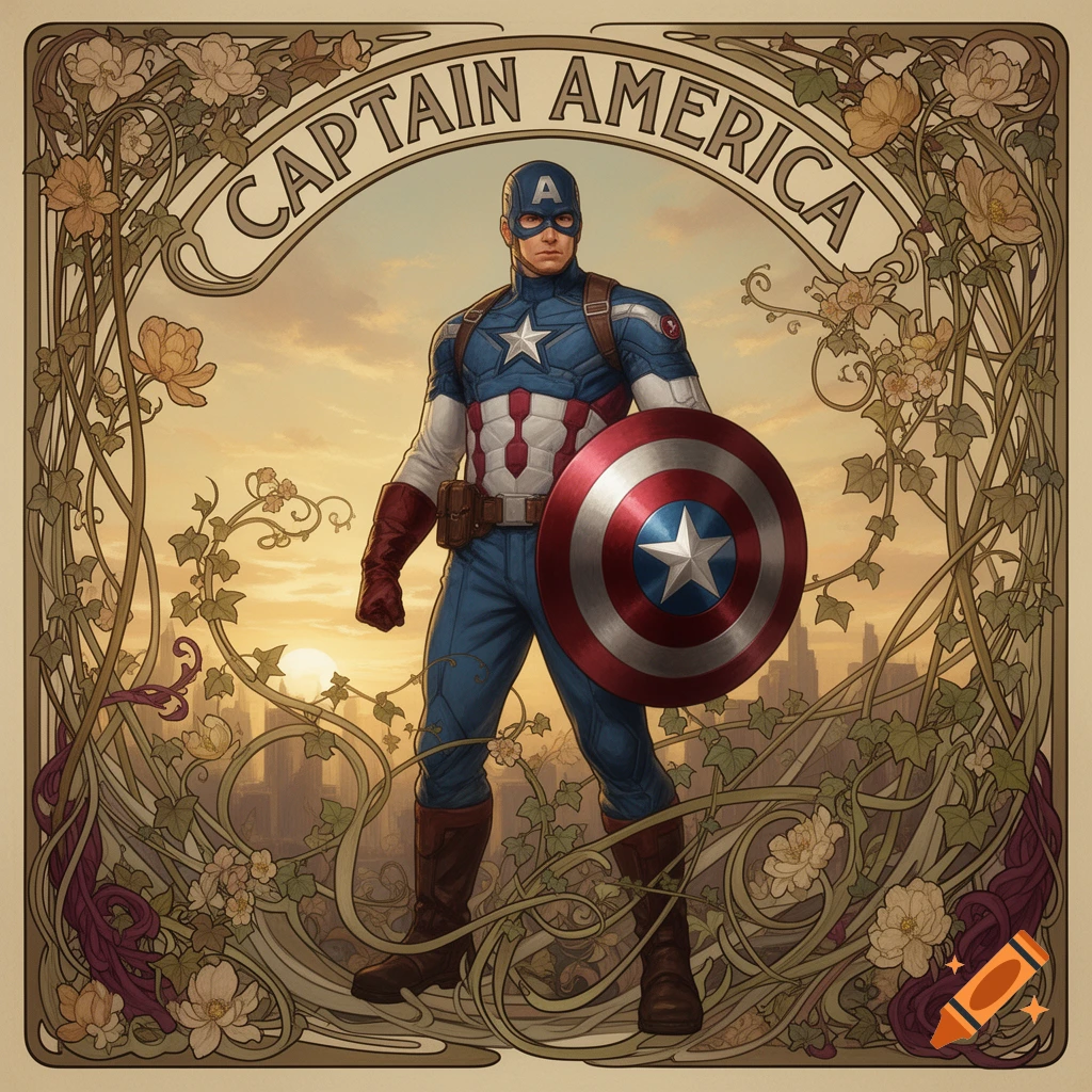 Captain America stands holding his shield, framed by Art Nouveau floral vines against a sunset city skyline.