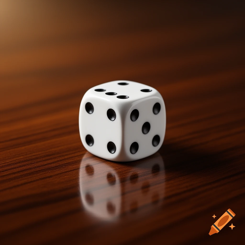 A white die with black pips resting on a reflective, polished wooden table, photorealistic.