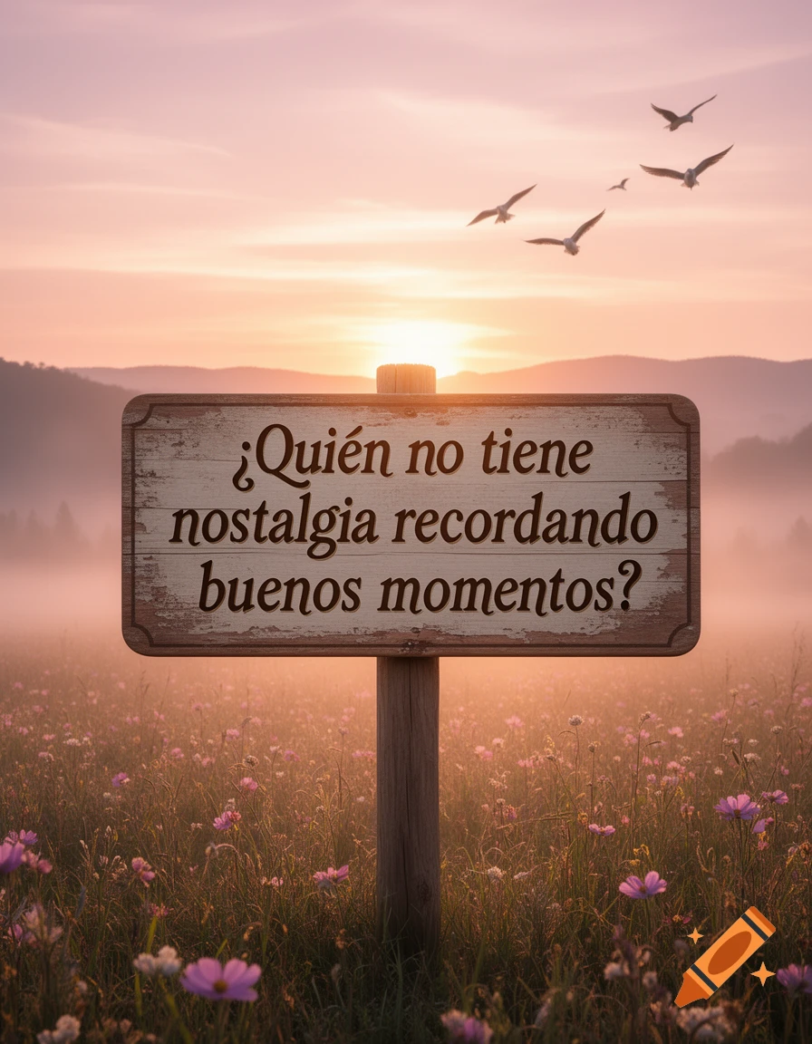 A rustic sign in a wildflower field at sunset, with mountains and birds. Text: '¿Quién no tiene nostalgia recordando buenos momentos?'