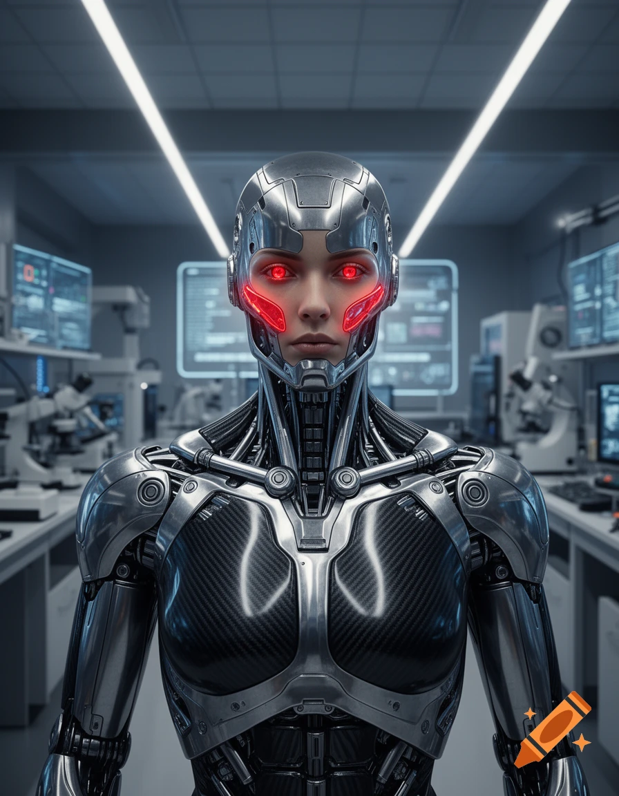Photorealistic close-up of a silver and carbon fiber cyborg with glowing red eyes in a futuristic laboratory.