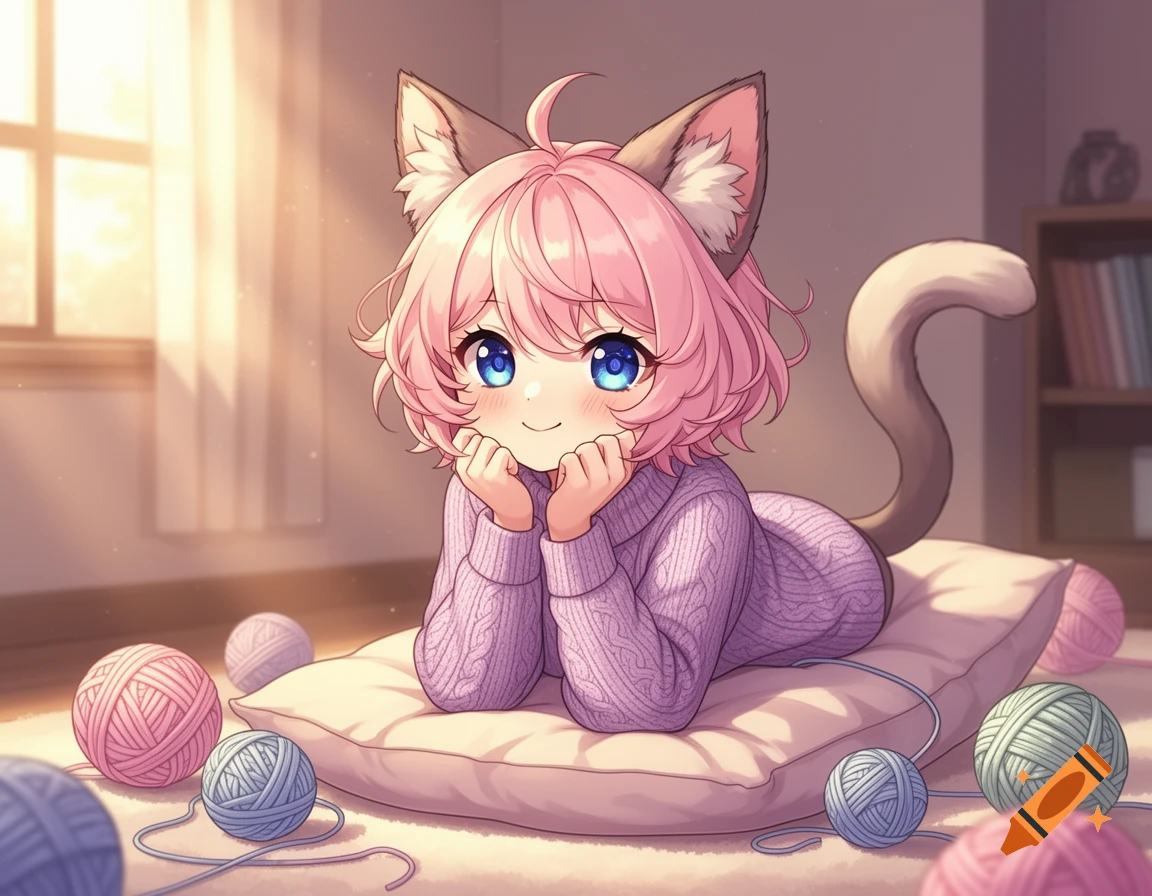 Cute anime catgirl with pink hair and blue eyes lies on a pillow, surrounded by colorful yarn balls, in a soft anime illustration style.