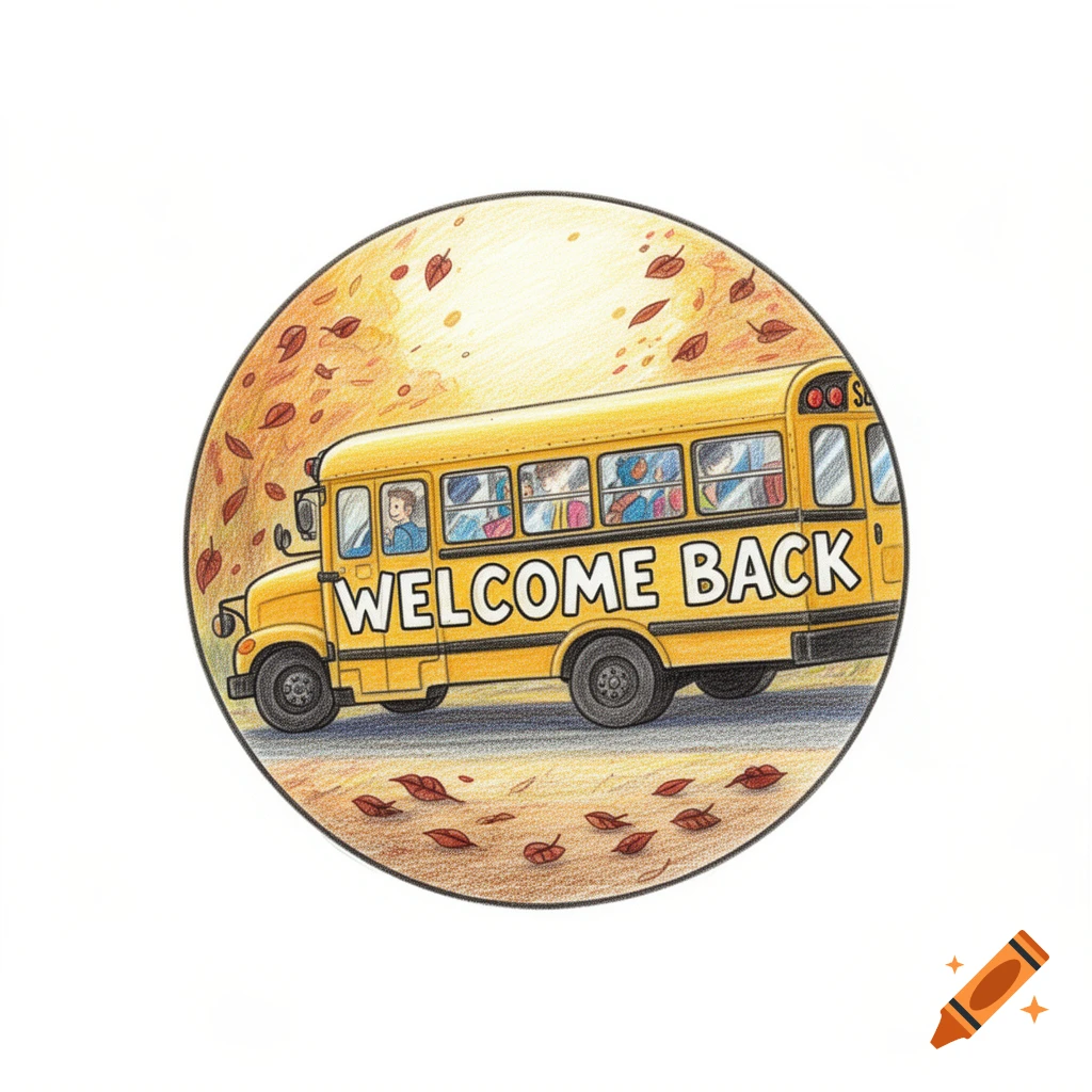Hand-drawn circular illustration of a yellow school bus with 'WELCOME BACK' text and children inside, surrounded by autumn leaves.