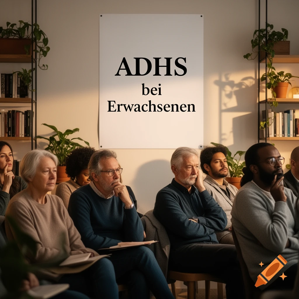 Diverse adults listen intently in a room with a sign on the wall reading 'ADHS bei Erwachsenen' (ADHD in Adults).