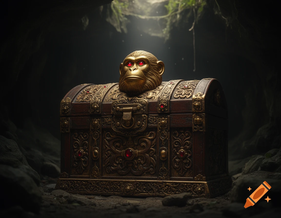 A golden monkey head with glowing red eyes sits atop an ornate wooden treasure chest in a dark, atmospheric cave.