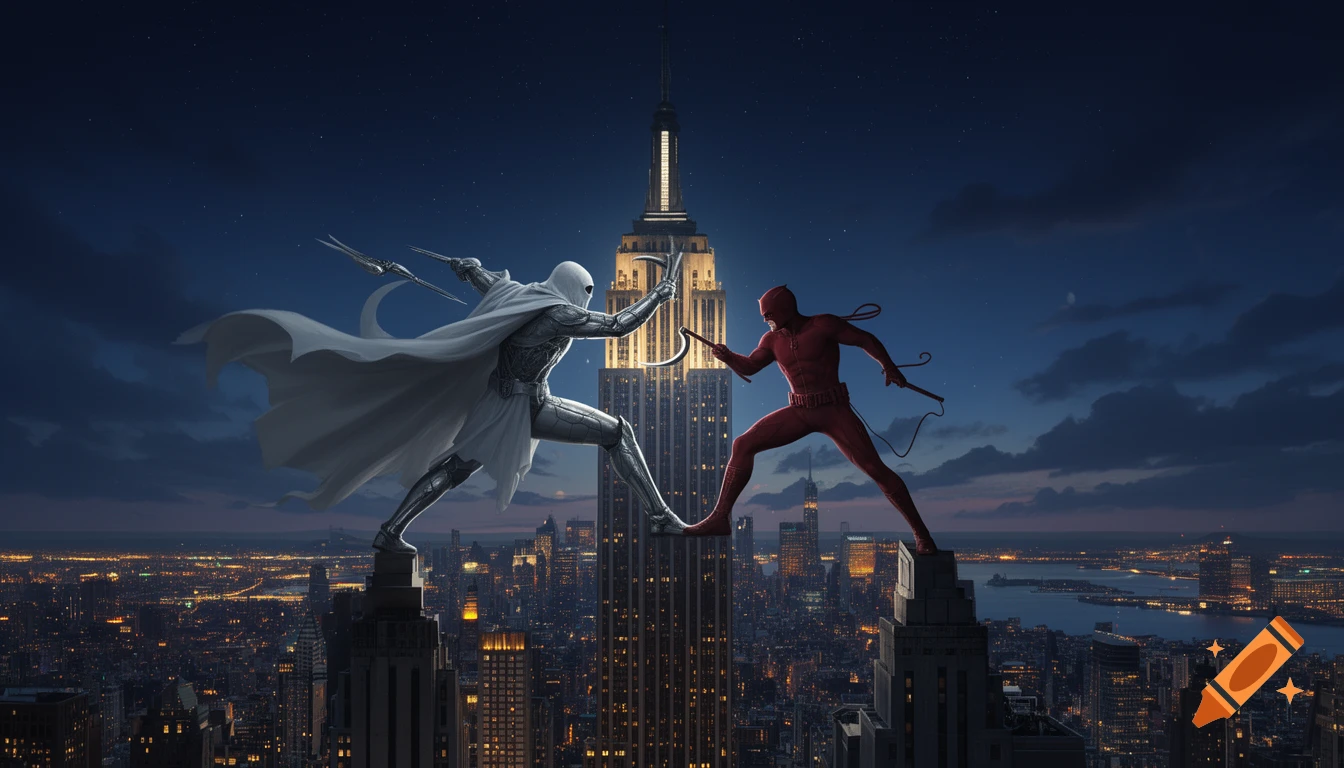 Moon Knight battles Daredevil atop the Empire State Building at night, with a vast city skyline below.