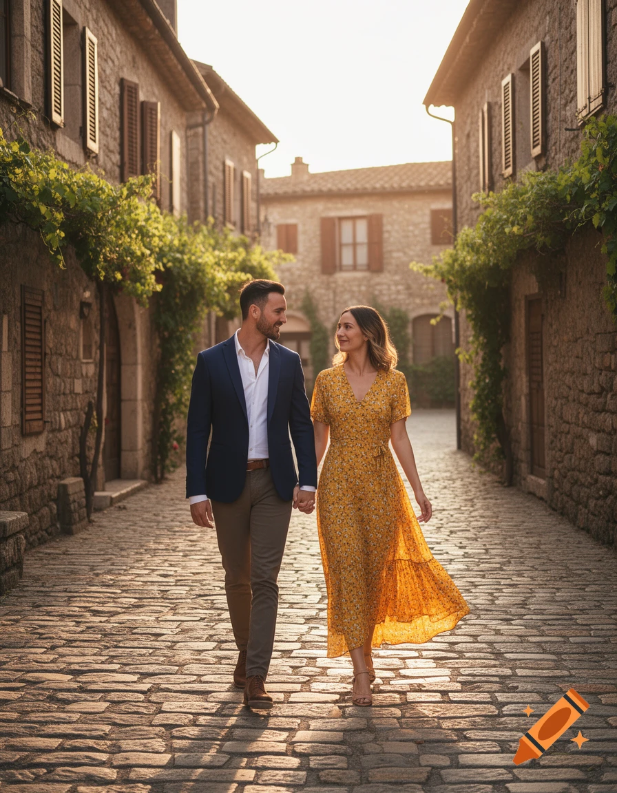 A smiling couple walks hand-in-hand down a sunlit, cobblestone street lined with old stone buildings and green vines, photorealistic.
