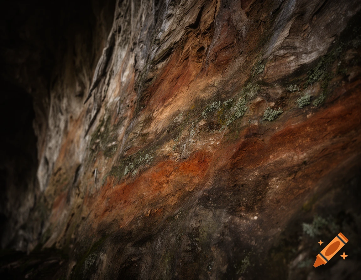 Close-up of a textured cave wall with reddish-brown and grey rock, highlighted by patches of green moss and lichen.