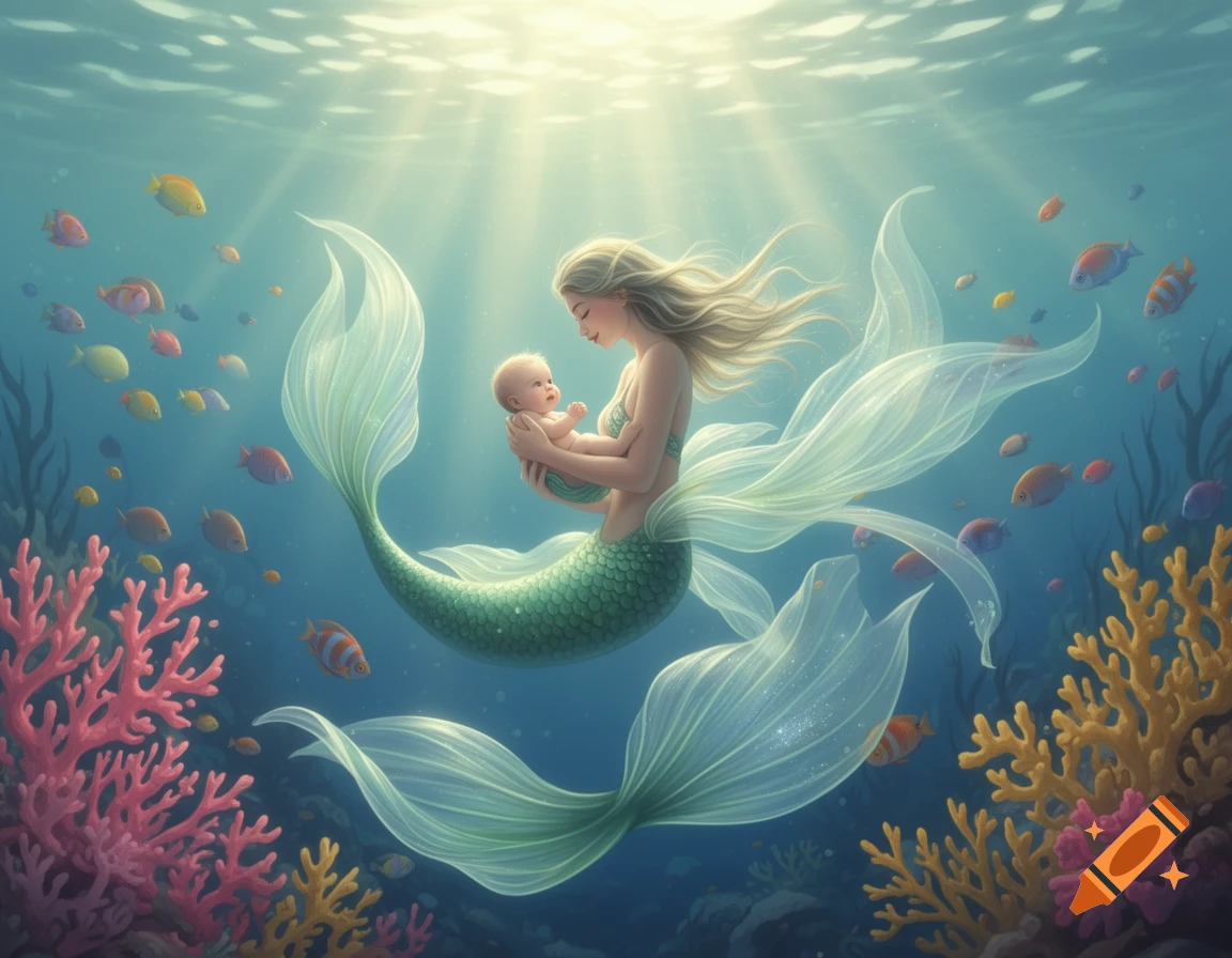 A beautiful mermaid with flowing blonde hair gently cradles a baby underwater, surrounded by colorful fish and coral, with sun rays piercing the surface.