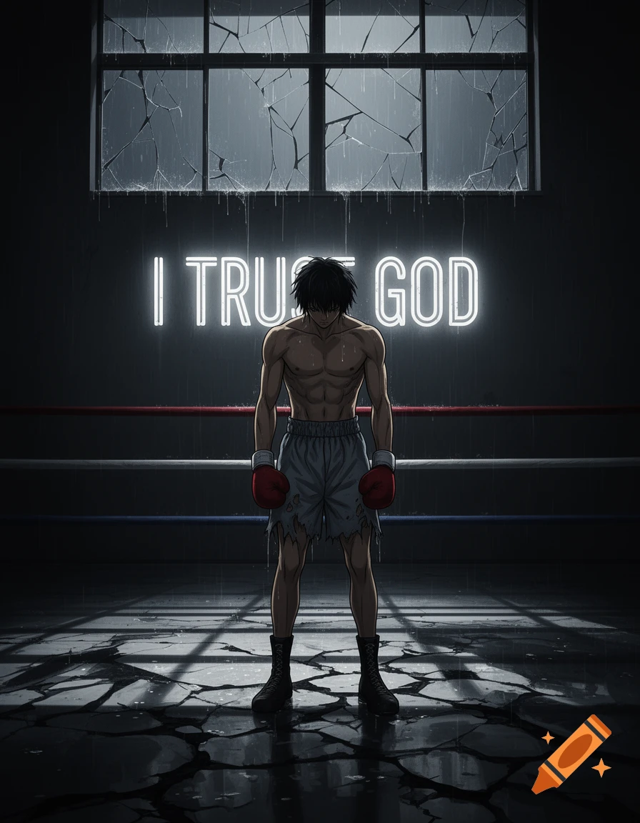 An anime boxer stands in a dark, wet boxing ring under a glowing "I TRUST GOD" sign and broken windows.