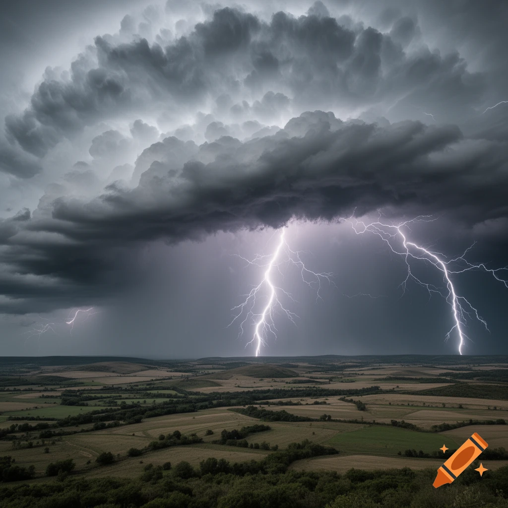 Dramatic stormy landscape with dark clouds and bright lightning strikes illuminating rolling green and brown fields.