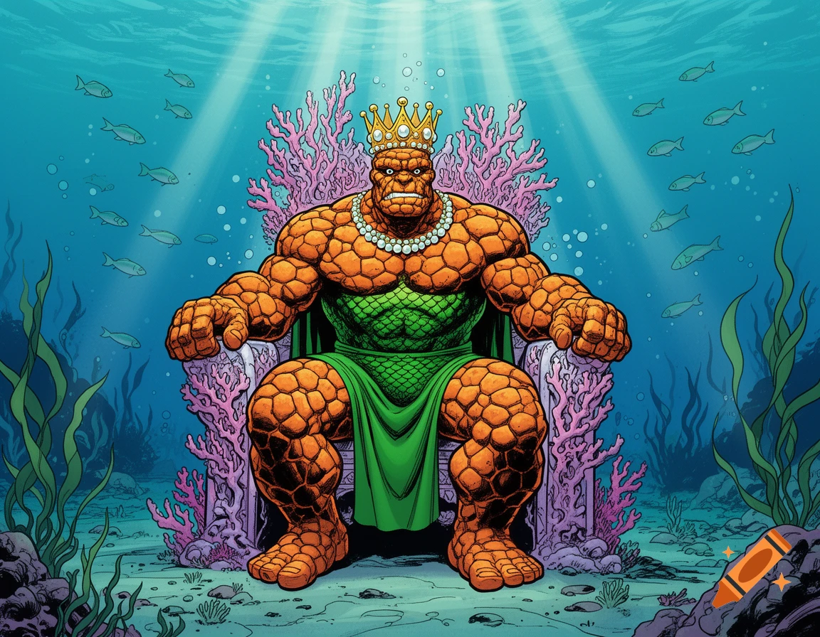The Thing, wearing a crown and green loincloth, sits on an ornate underwater throne surrounded by coral and fish, in a comic art style.