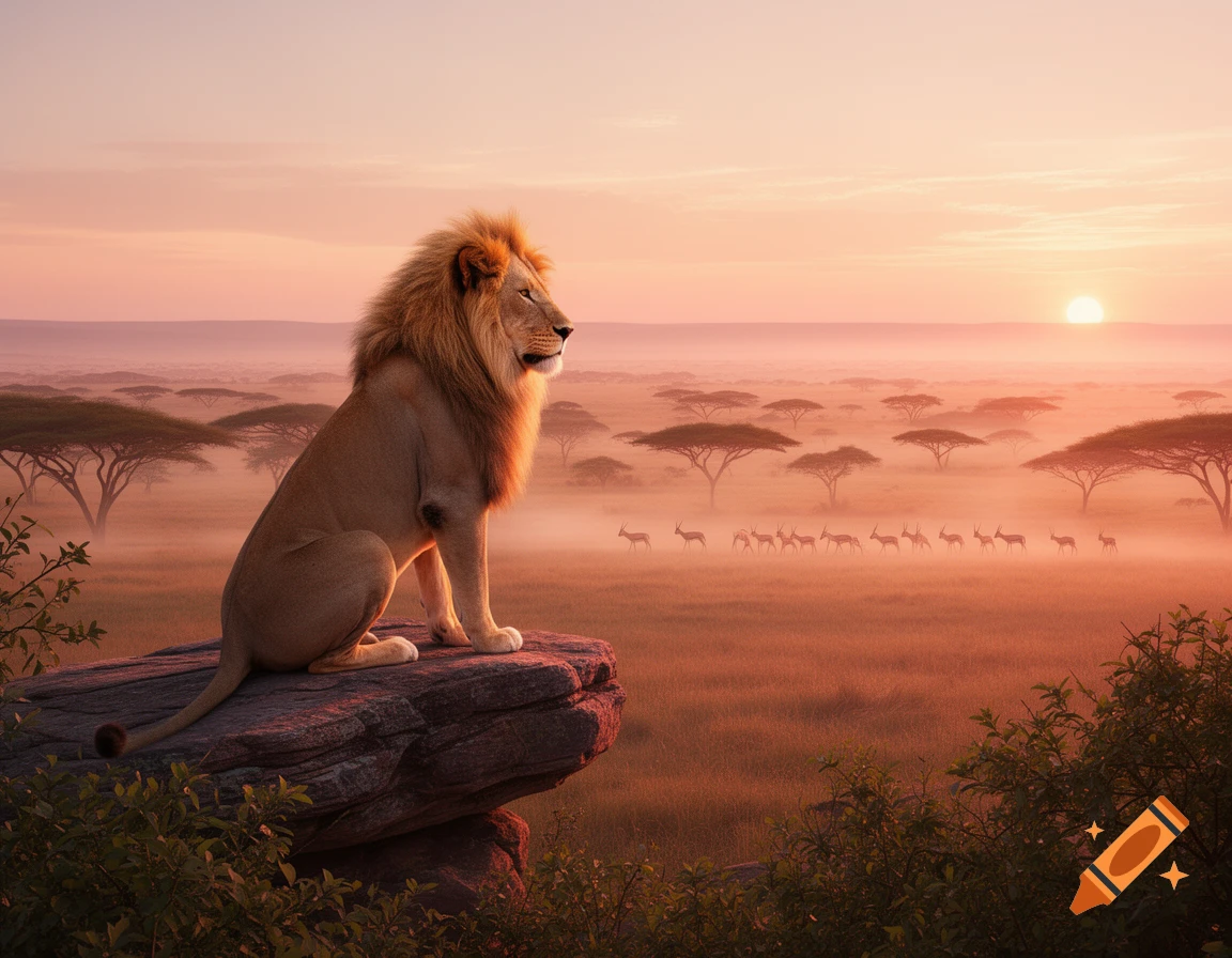 A majestic lion sits atop a rock, surveying a misty savanna landscape at sunset with acacia trees and a herd of antelopes.