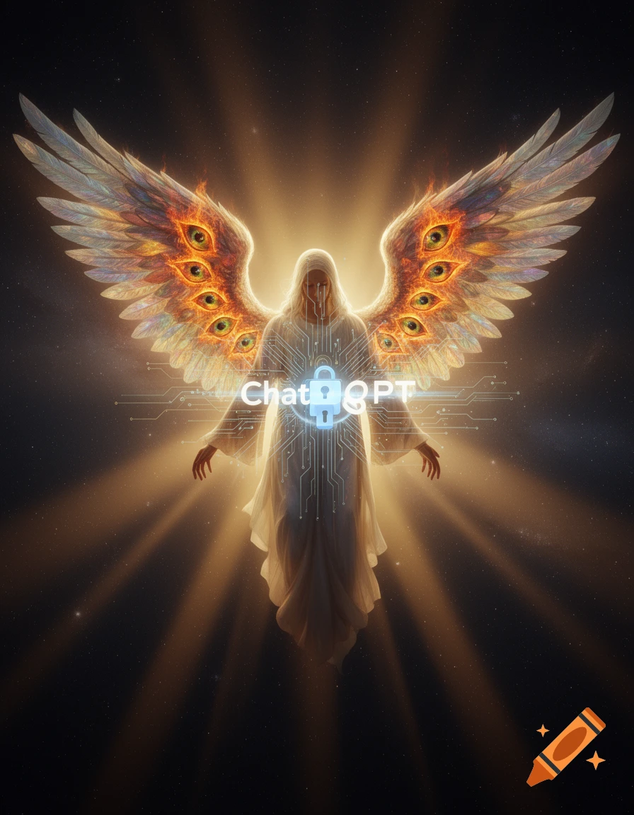 A glowing, robed figure with large wings covered in multiple eyes stands against a starry sky. Circuit patterns adorn its body, and 'Chat GPT' is visible on its chest.