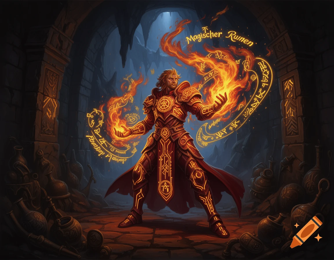A powerful mage in glowing red armor casts a fire spell surrounded by magical runes in a dark dungeon, epic fantasy art style.