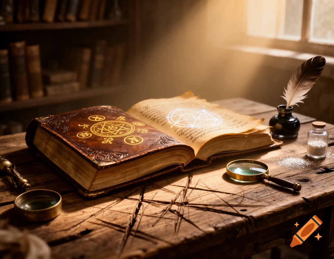 A magical book with glowing symbols open on a rustic wooden table, surrounded by a quill, inkwell, magnifying glass, and sparkling dust, bathed in warm sunlight.