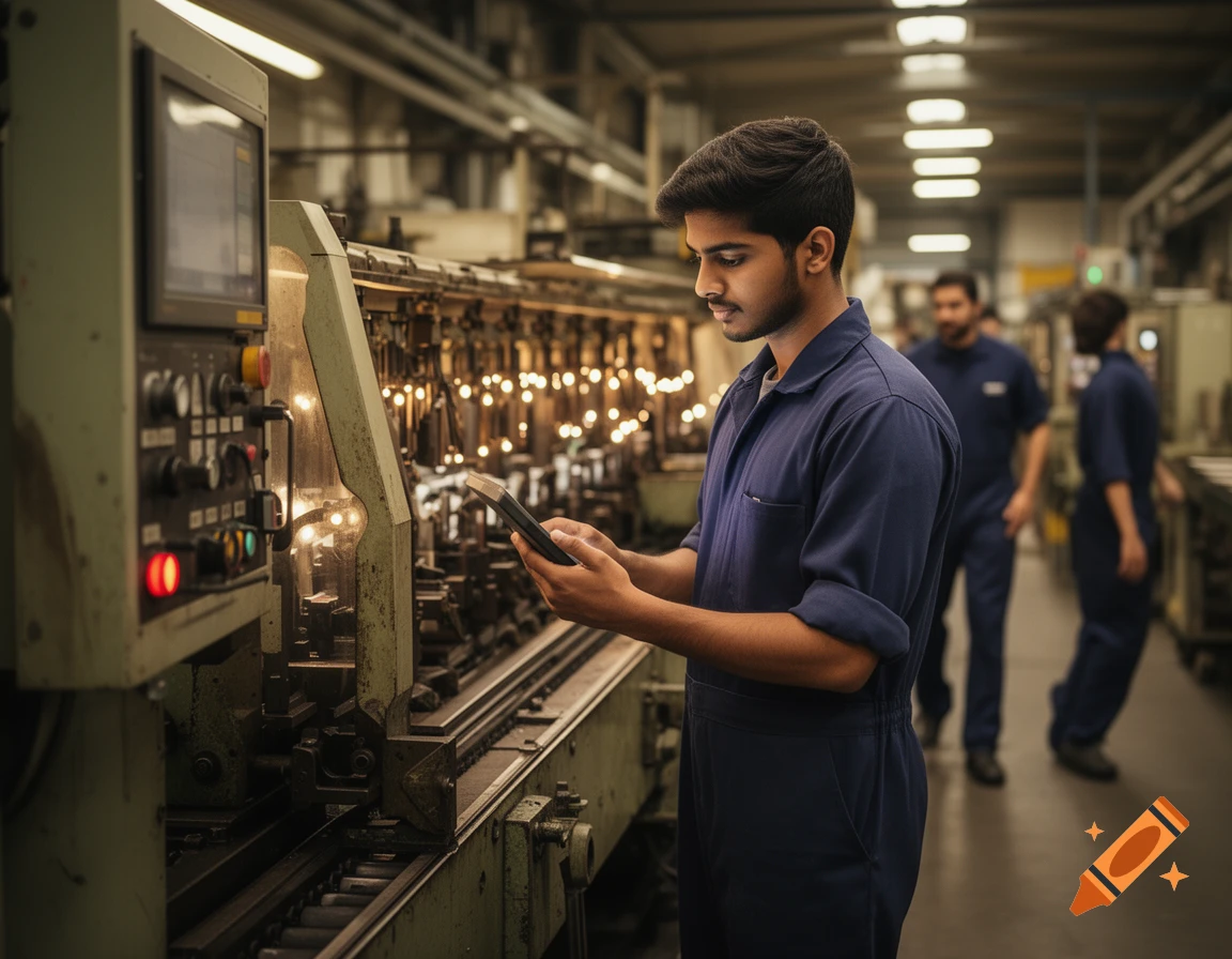 A young man in a blue jumpsuit looks at a tablet while standing next to a large machine in a photorealistic factory setting.