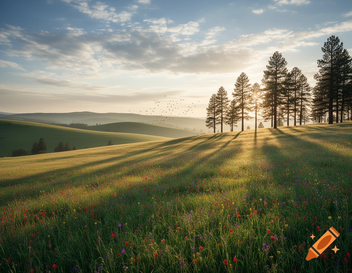 Photorealistic sunrise over rolling green hills and wildflower meadow, long shadows from pine trees, birds fly in distance.
