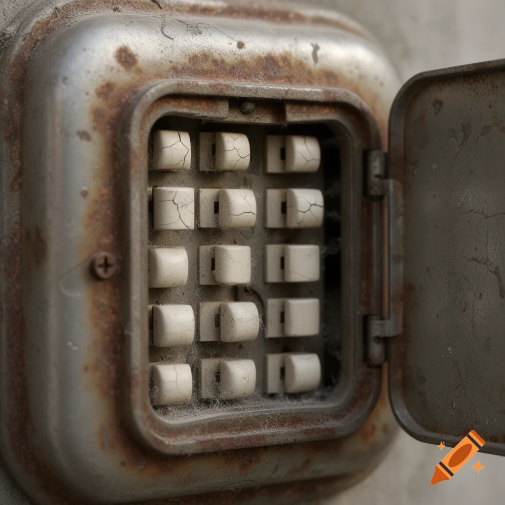Close-up of a rusty, dusty, and aged electrical fuse box with cracked ceramic buttons.