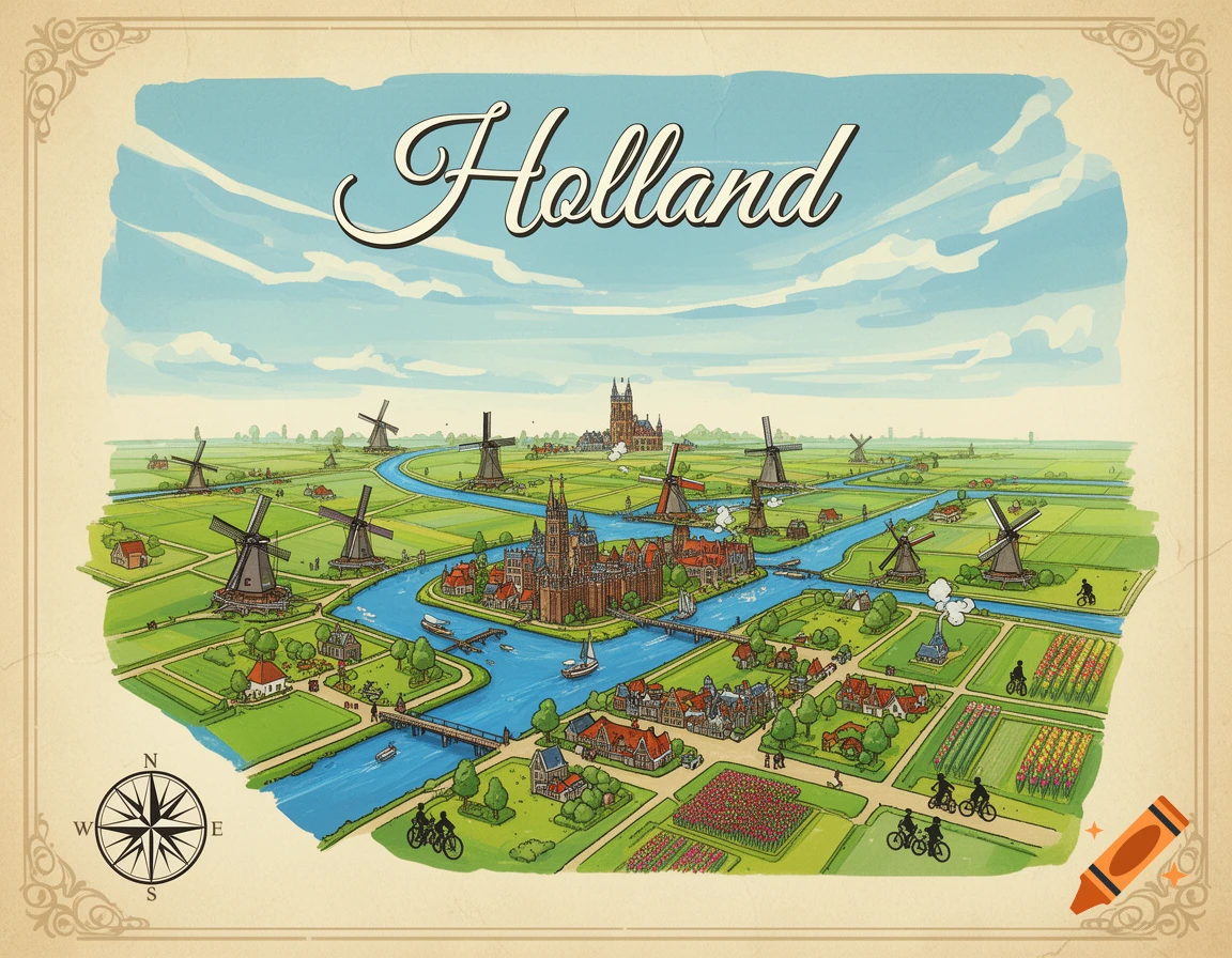 Stylized illustration of Holland with windmills, canals, a town, and fields, in a vintage map style.