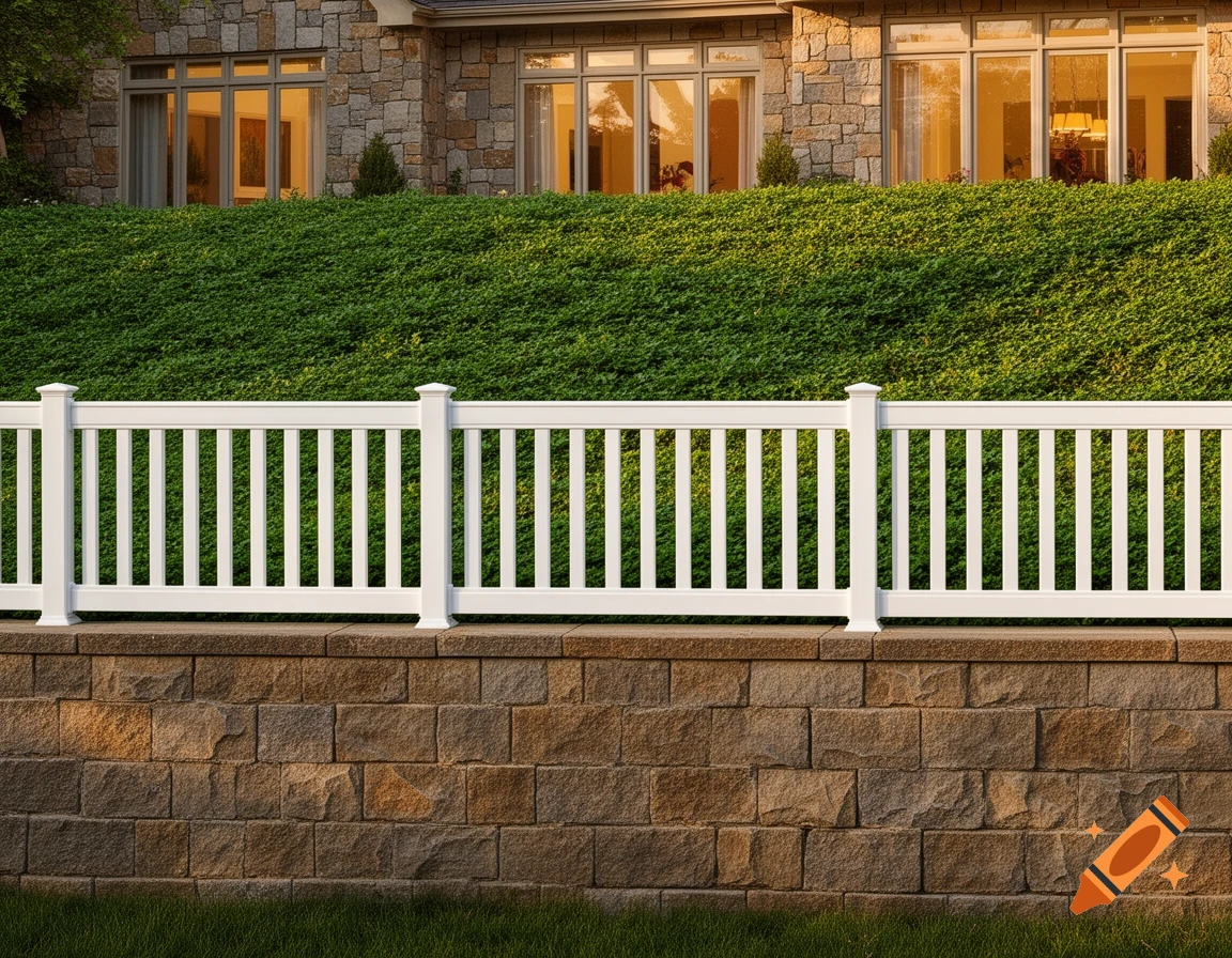 A white PVC fence on a stone wall, in front of a green hedge and a stone house with large windows.