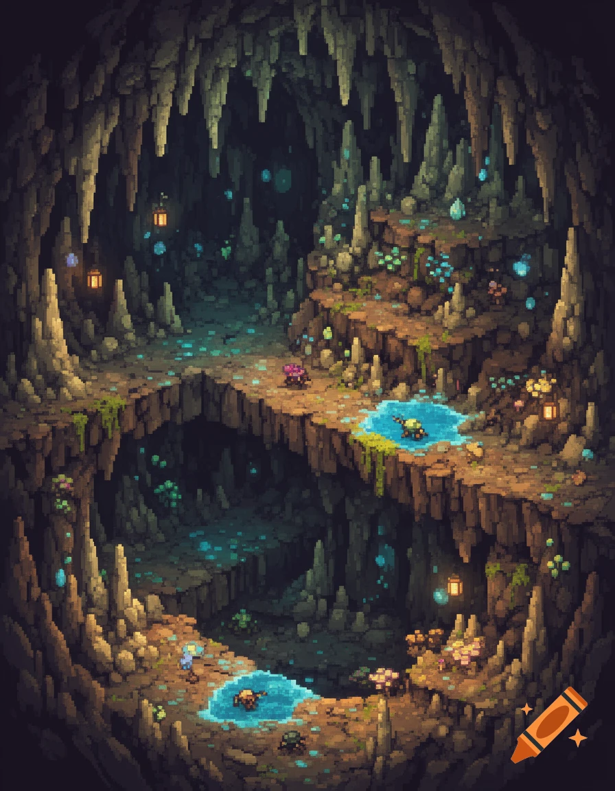 Detailed isometric pixel art of a multi-level underground cave with glowing blue pools and small figures.