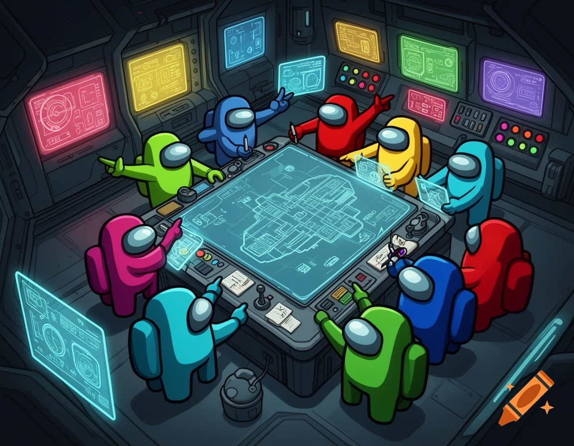 Colorful Among Us characters gather around a holographic spaceship map in a dimly lit control room, examining diagrams on glowing screens.