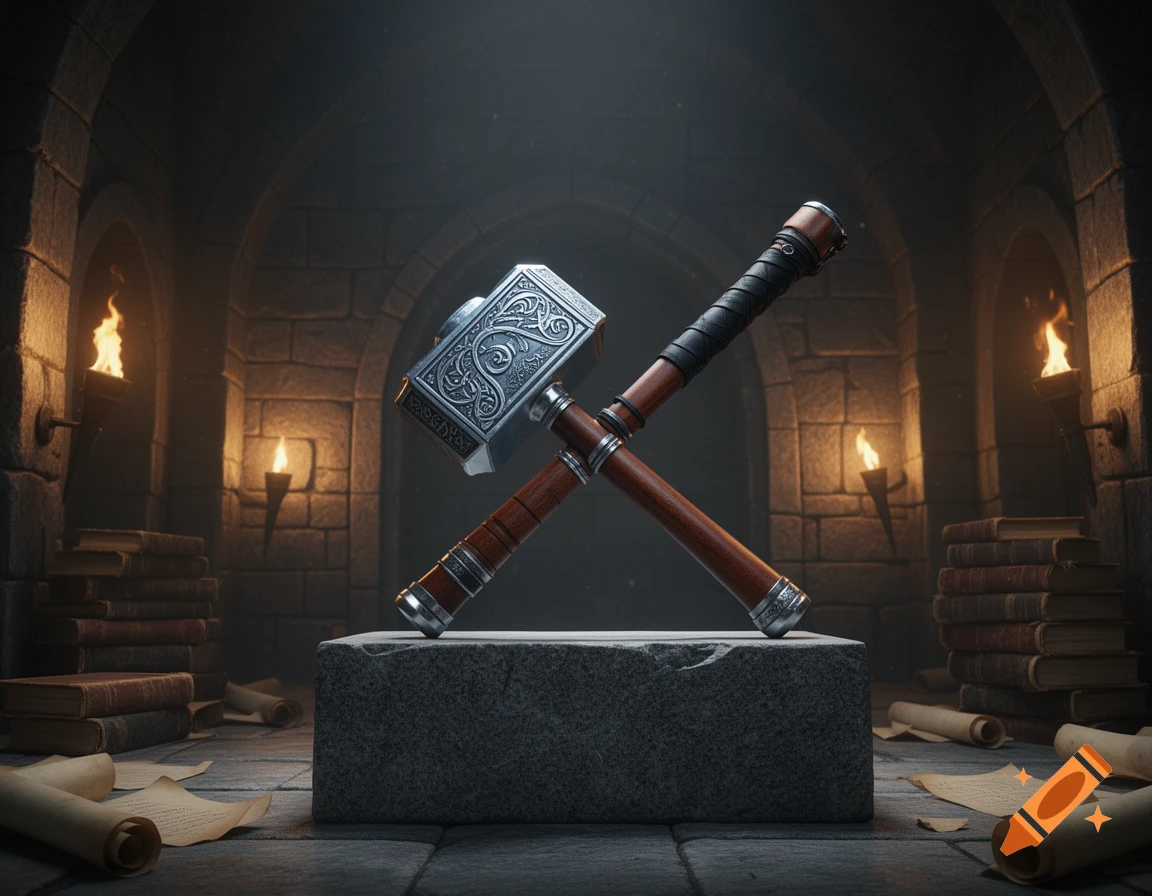 Two ornate hammers crossed on a stone block in a dark, torch-lit dungeon with books and scrolls, photorealistic style.