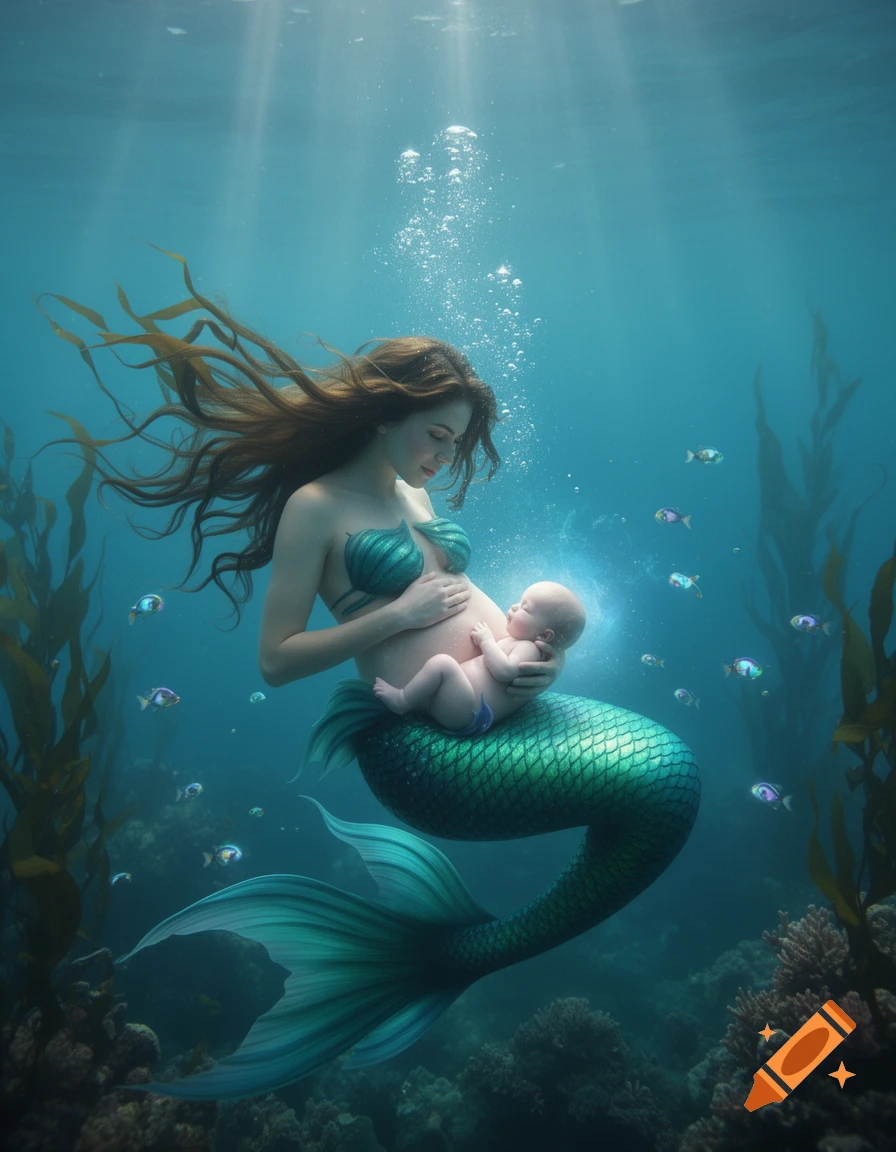 Photorealistic image of a mermaid with flowing brown hair, cradling a baby underwater amidst light rays, fish, and seaweed.