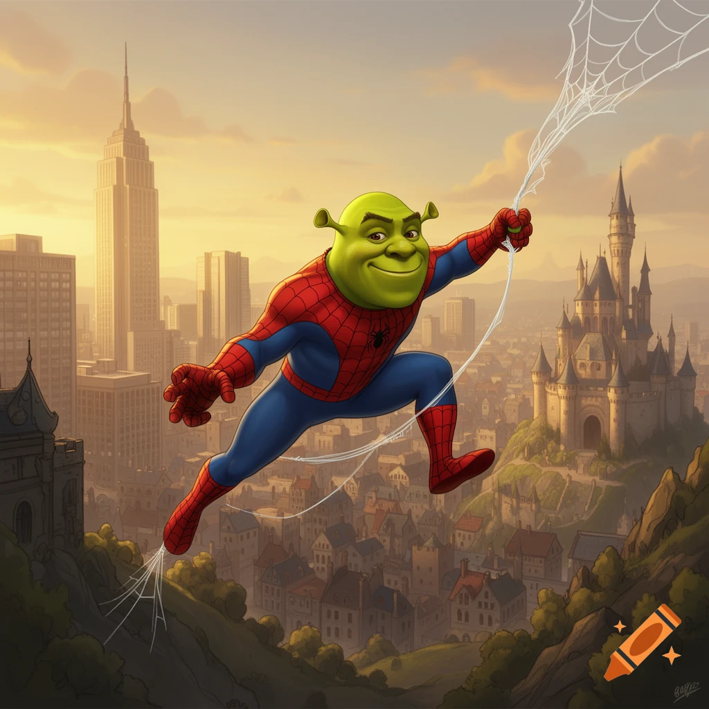 Shrek, wearing a Spider-Man suit, swings through the air over a city at sunset, with tall modern buildings and a large fantasy castle in the background.