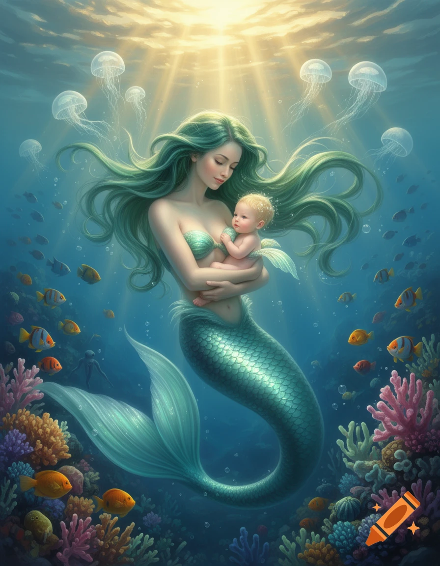 A mermaid with long green hair gently cradles a baby underwater, surrounded by colorful coral, fish, and glowing jellyfish.