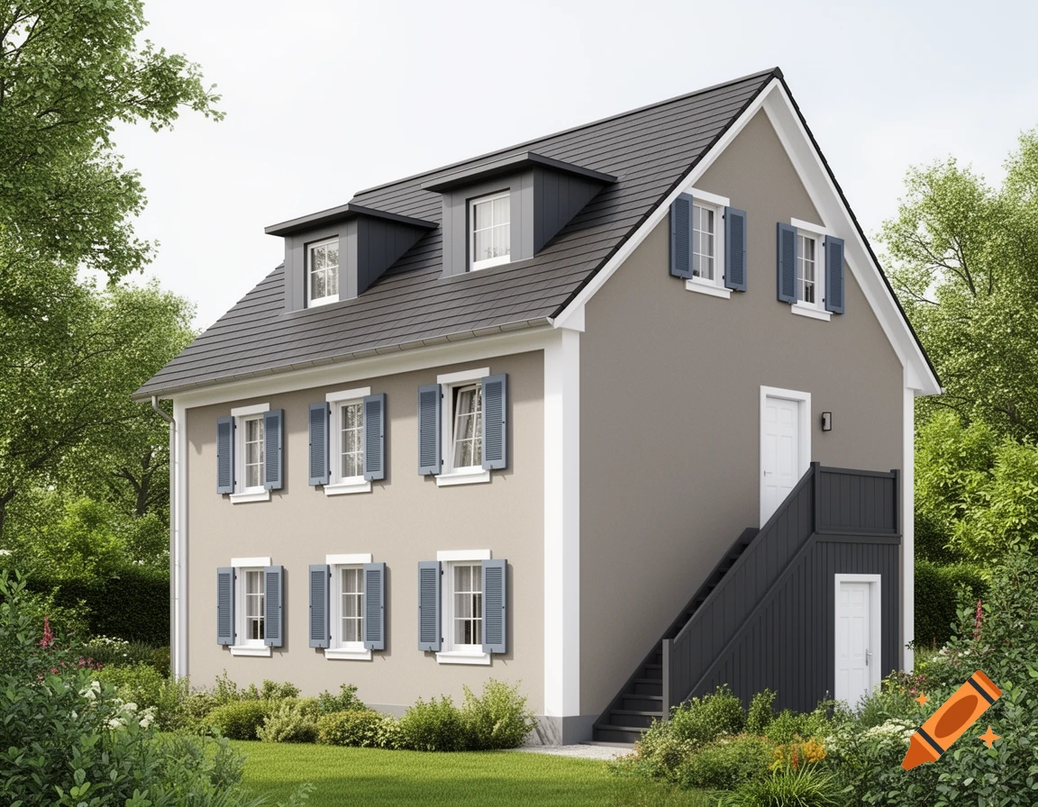 A charming taupe house with a dark gray roof, two dormers, light blue shutters, and an exterior staircase, surrounded by a lush green garden.